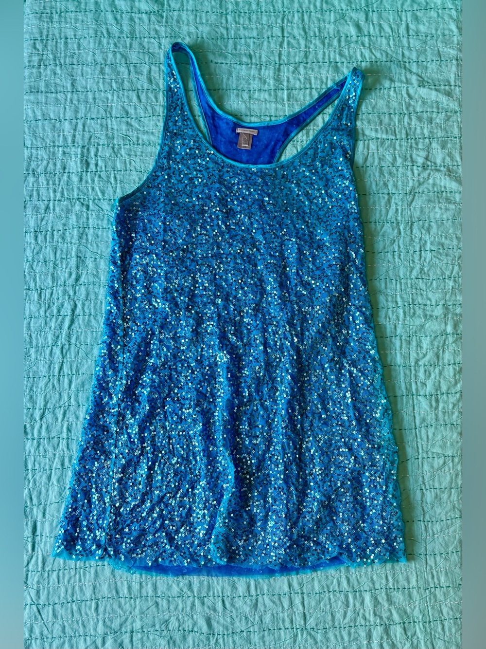 Victoria's Secret Y2K Aqua Blue Sequin Racerback Tunic Tank/Mini Dress Size L